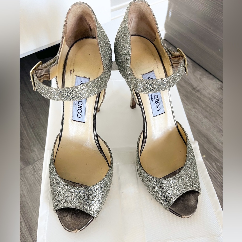 Jimmy Choo champagne silver glitter lace Mary Janes